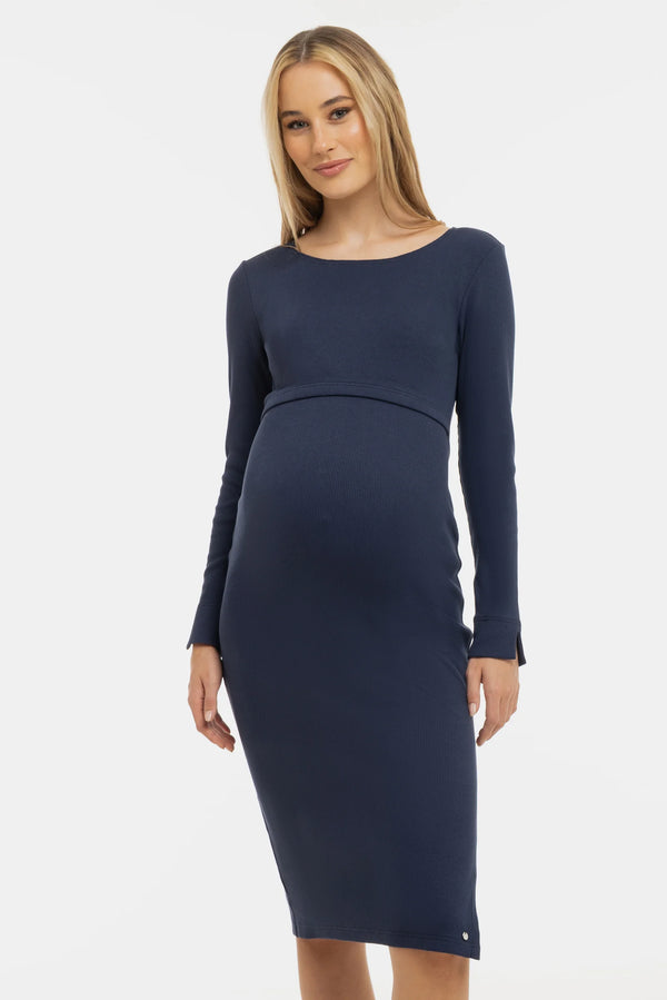 Тъмносиня рипсена рокля за бременни и кърмещи