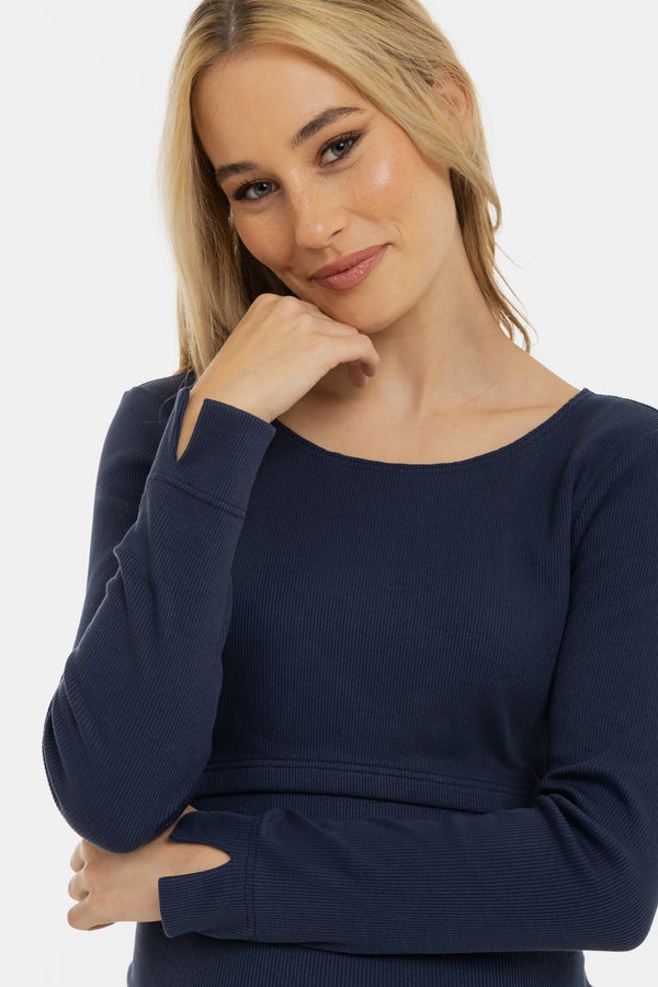 Тъмносиня рипсена рокля за бременни и кърмещи