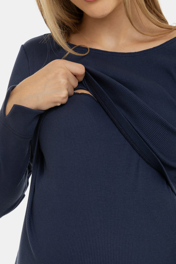 Тъмносиня рипсена рокля за бременни и кърмещи