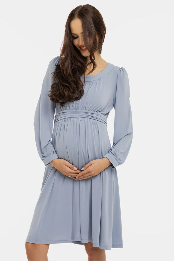 Елегантна рокля за бременни с набори - пастелносиня