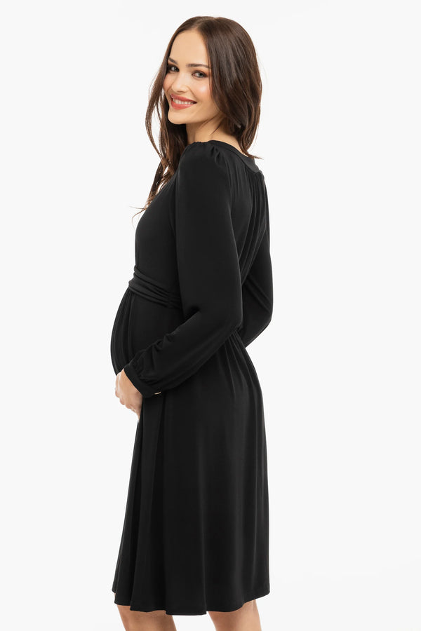 Елегантна рокля за бременни с набори - черна