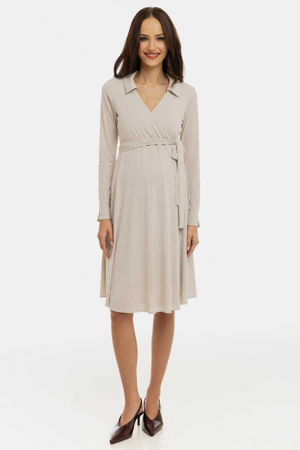 Ефирна рокля за бременни и кърмачки с прехвърляне - бежова