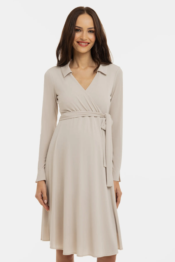 Ефирна рокля за бременни и кърмачки с прехвърляне - бежова