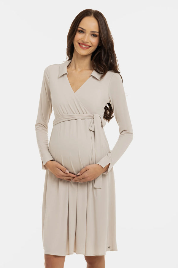 Ефирна рокля за бременни и кърмачки с прехвърляне - бежова