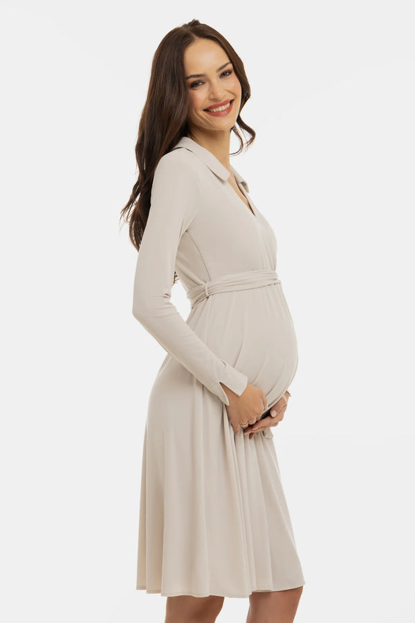 Ефирна рокля за бременни и кърмачки с прехвърляне - бежова