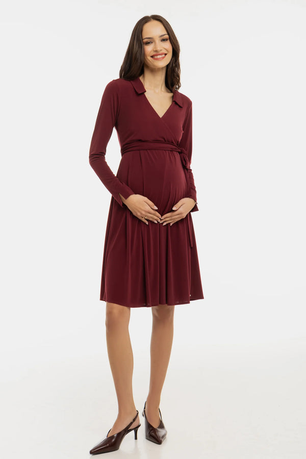Ефирна рокля за бременни и кърмачки с прехвърляне - бордо