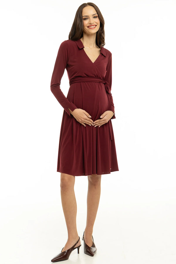 Ефирна рокля за бременни и кърмачки с прехвърляне - бордо