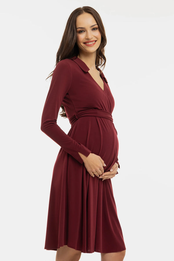 Ефирна рокля за бременни и кърмачки с прехвърляне - бордо