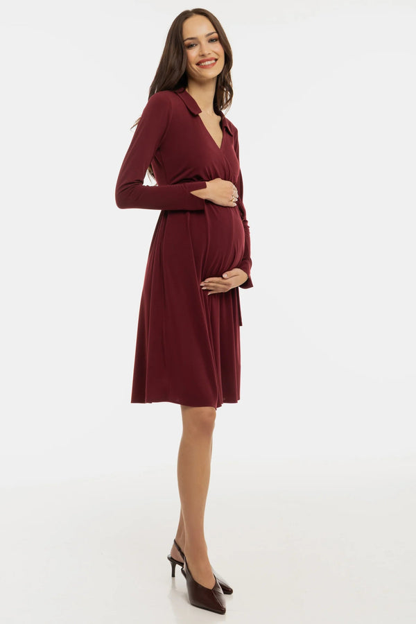 Ефирна рокля за бременни и кърмачки с прехвърляне - бордо