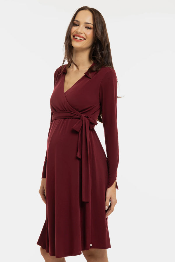 Ефирна рокля за бременни и кърмачки с прехвърляне - бордо