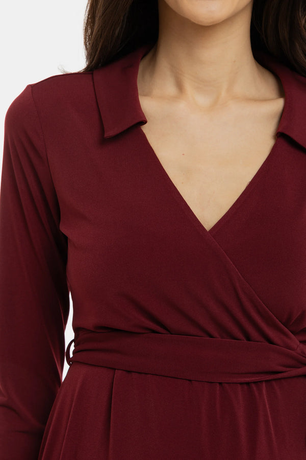 Ефирна рокля за бременни и кърмачки с прехвърляне - бордо