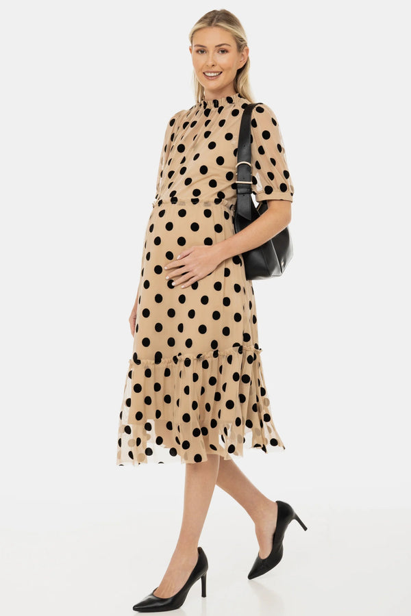 Ефирна рокля за бременни от тюл на точки - бежова