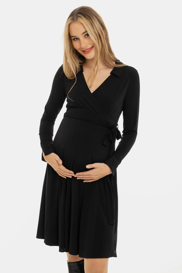 Ефирна рокля за бременни и кърмачки с прехвърляне - черна