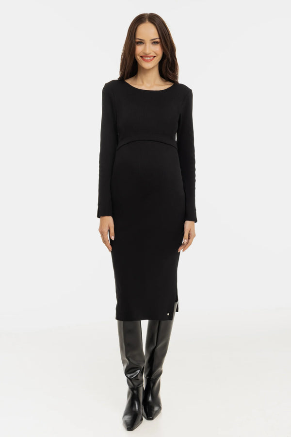 Рипсена памучна рокля за бременни и кърмещи - черна