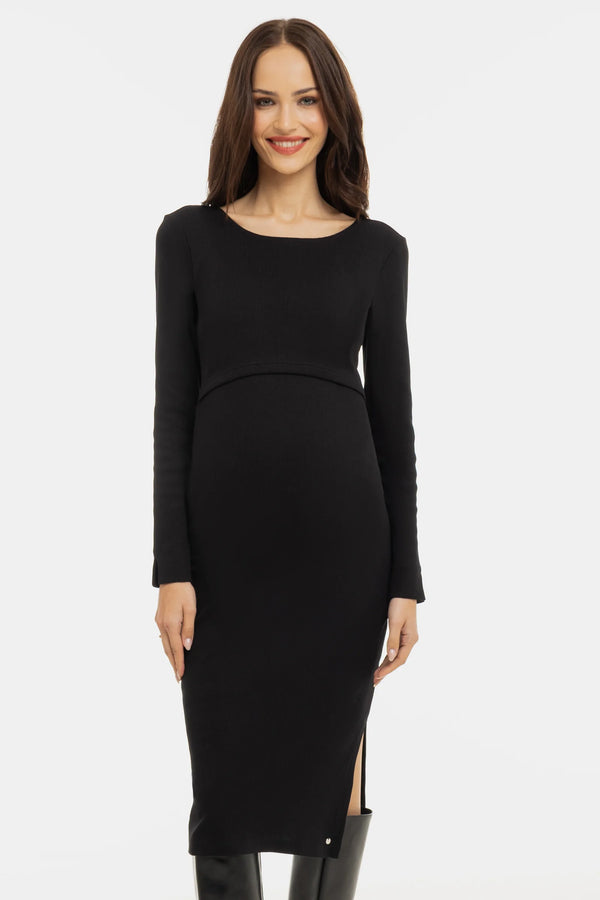 Рипсена памучна рокля за бременни и кърмещи - черна