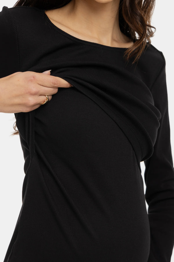 Рипсена памучна рокля за бременни и кърмещи - черна