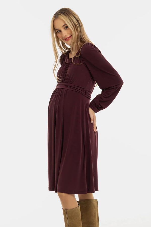 Елегантна рокля за бременни с набори - бордо