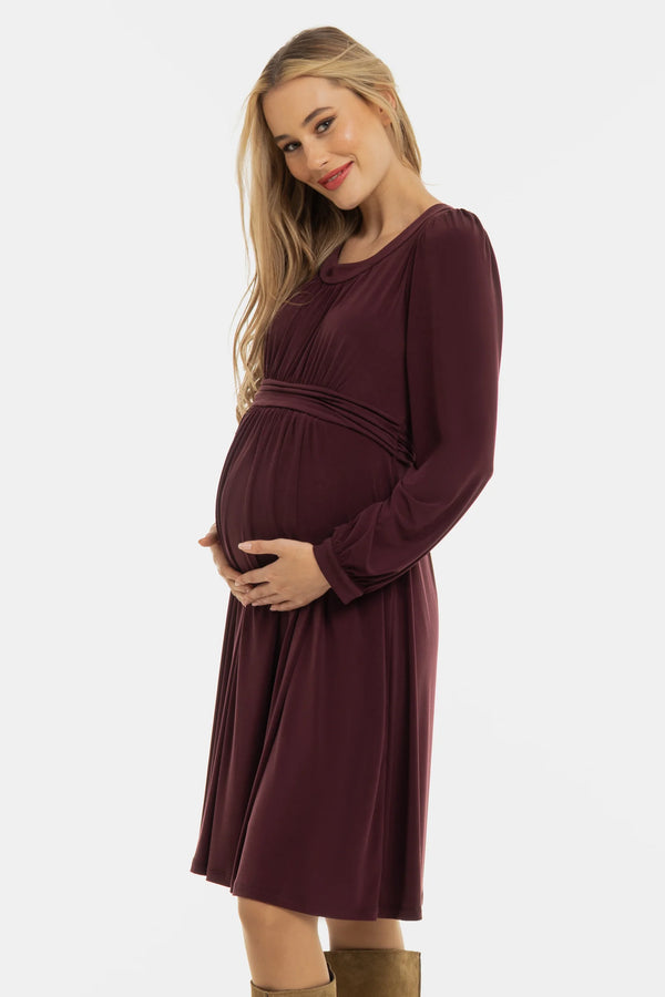 Елегантна рокля за бременни с набори - бордо