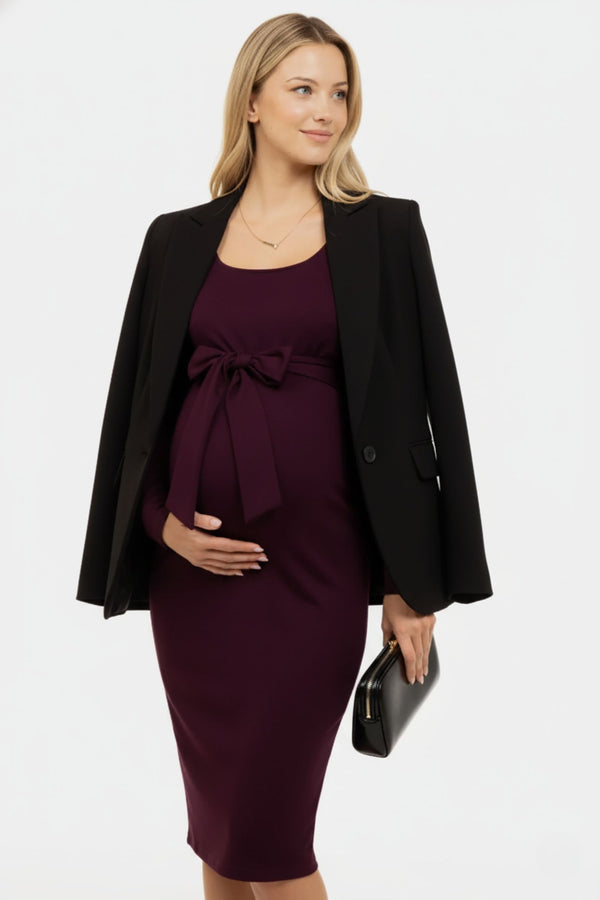 Елегантна дълга рокля с широк колан - бордо