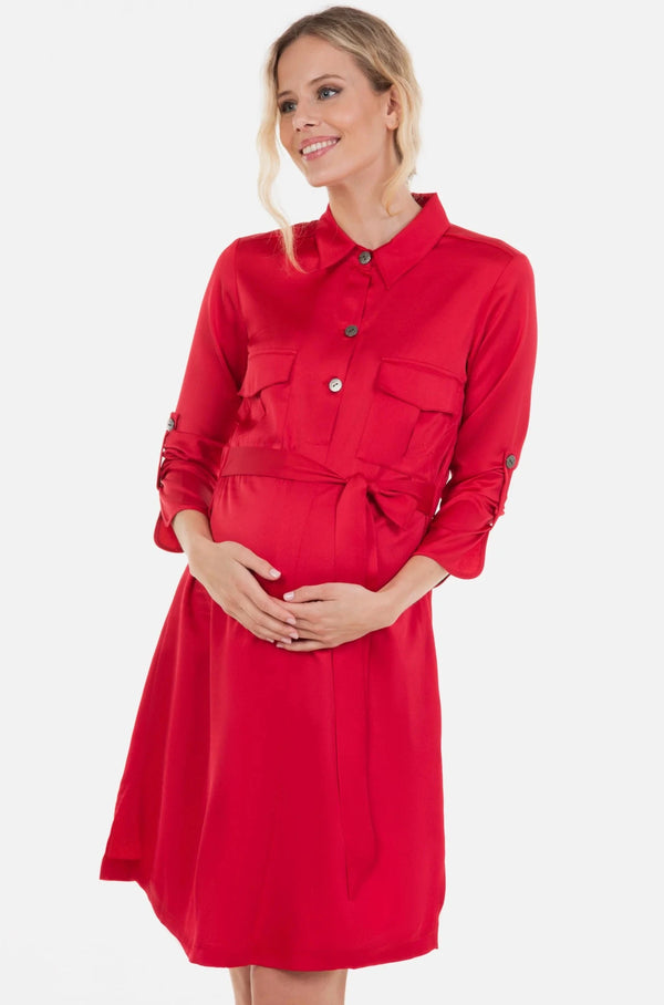 Червена сатенена рокля за бременни и кърмещи