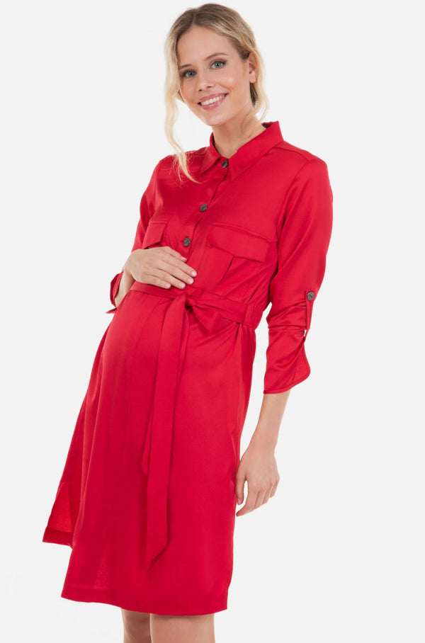 Червена сатенена рокля за бременни и кърмещи