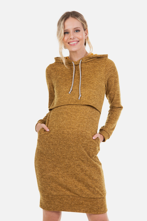 Рокля за бременни и кърмещи с качулка - охра