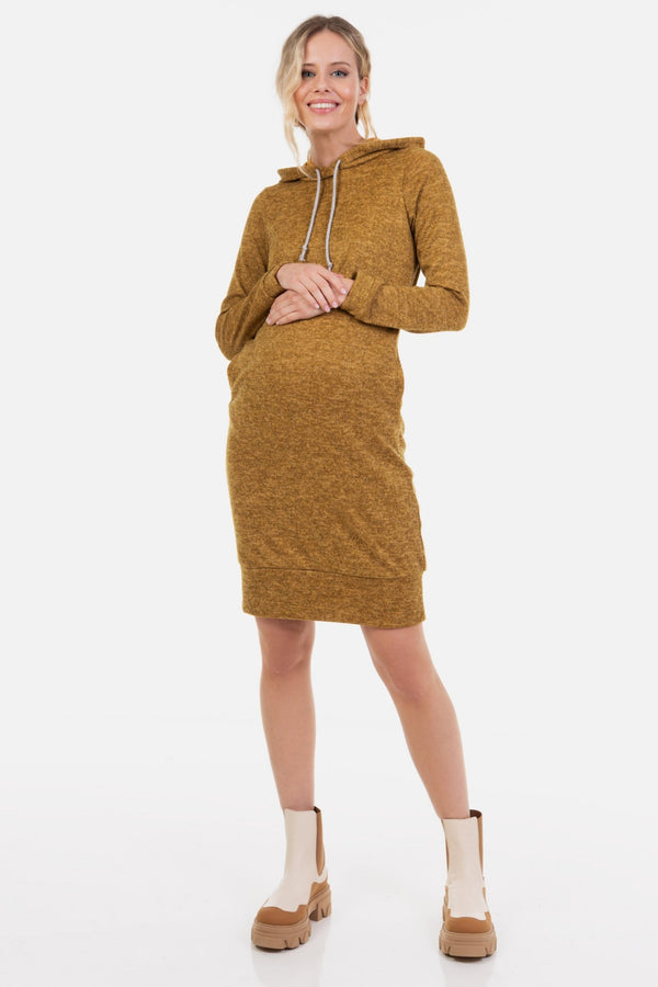 Рокля за бременни и кърмещи с качулка - охра