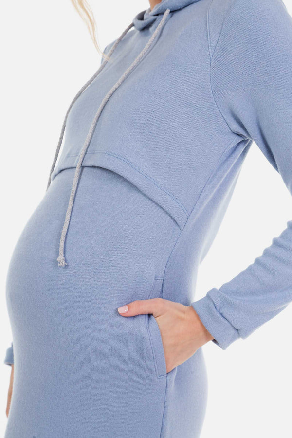 Рокля за бременни и кърмещи с качулка - светлосиня