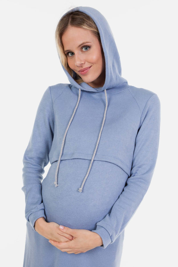 Рокля за бременни и кърмещи с качулка - светлосиня