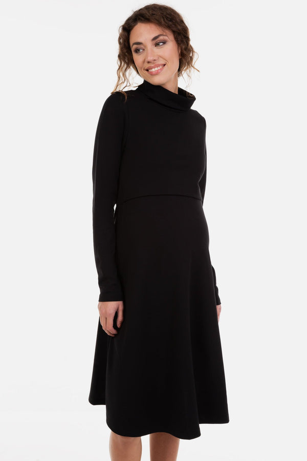Разкроена рокля за бременни и кърмещи с поло яка - черна