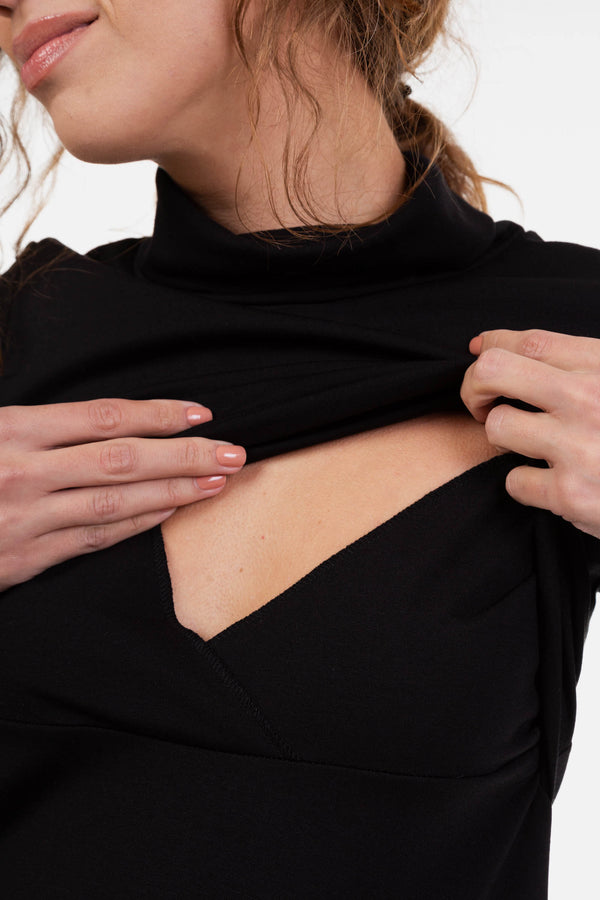 Разкроена рокля за бременни и кърмещи с поло яка - черна