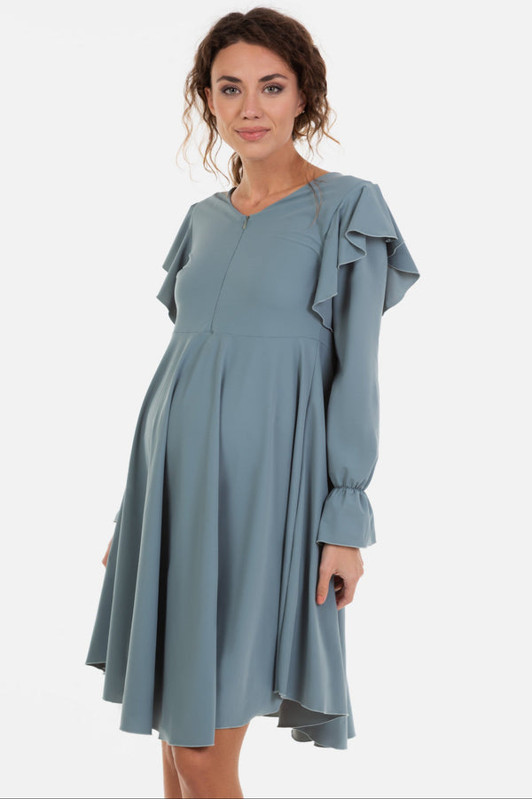 Ефирна рокля за бременни и кърмещи - сиво-синя