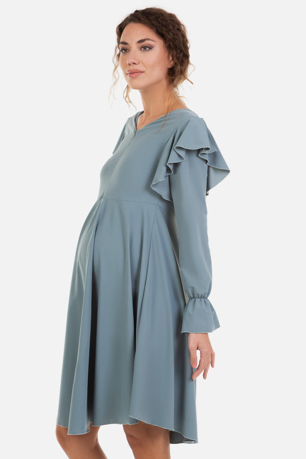 Ефирна рокля за бременни и кърмещи - сиво-синя