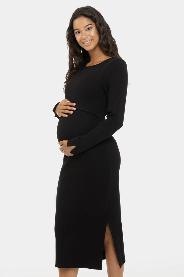 Рипсена памучна рокля за бременни и кърмещи - черна