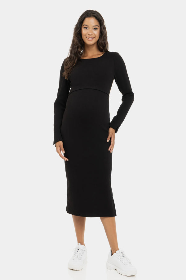 Рипсена памучна рокля за бременни и кърмещи - черна