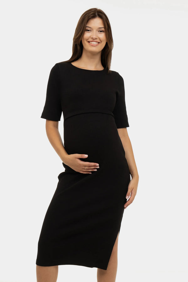 Памучна рипсена рокля за бременни и кърмещи - черна