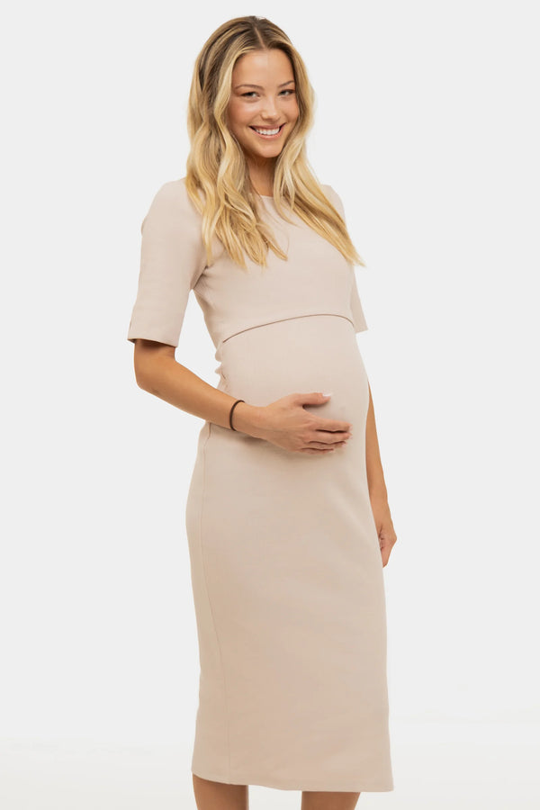 Памучна рипсена рокля за бременни и кърмещи - бежова