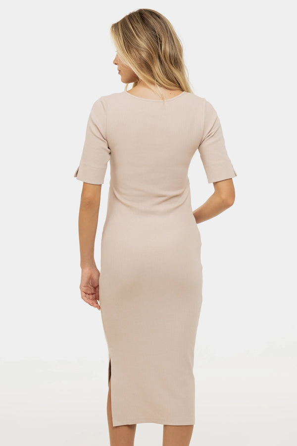 Памучна рипсена рокля за бременни и кърмещи - бежова