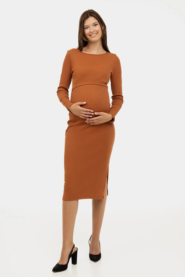 Рипсена рокля за бременни и кърмещи - карамел