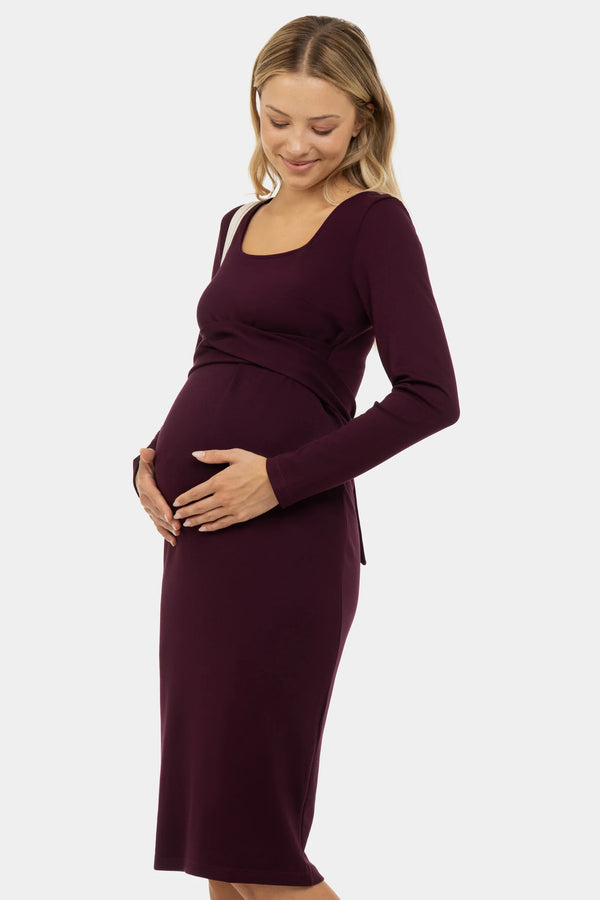 Елегантна дълга рокля с широк колан - бордо