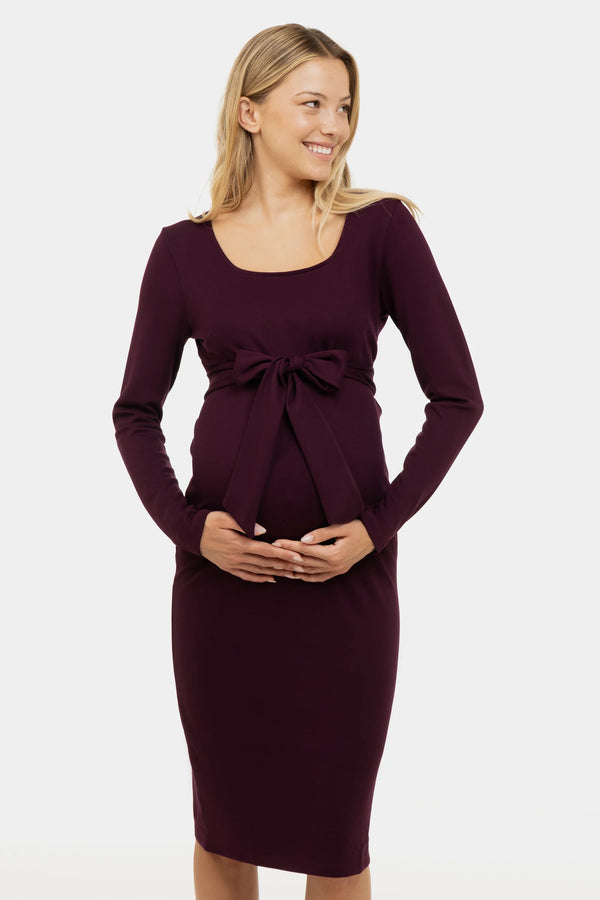 Елегантна дълга рокля с широк колан - бордо