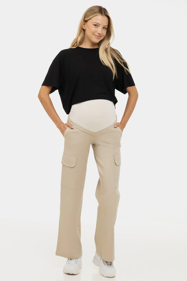 Памучен карго панталон за бременни - бежов