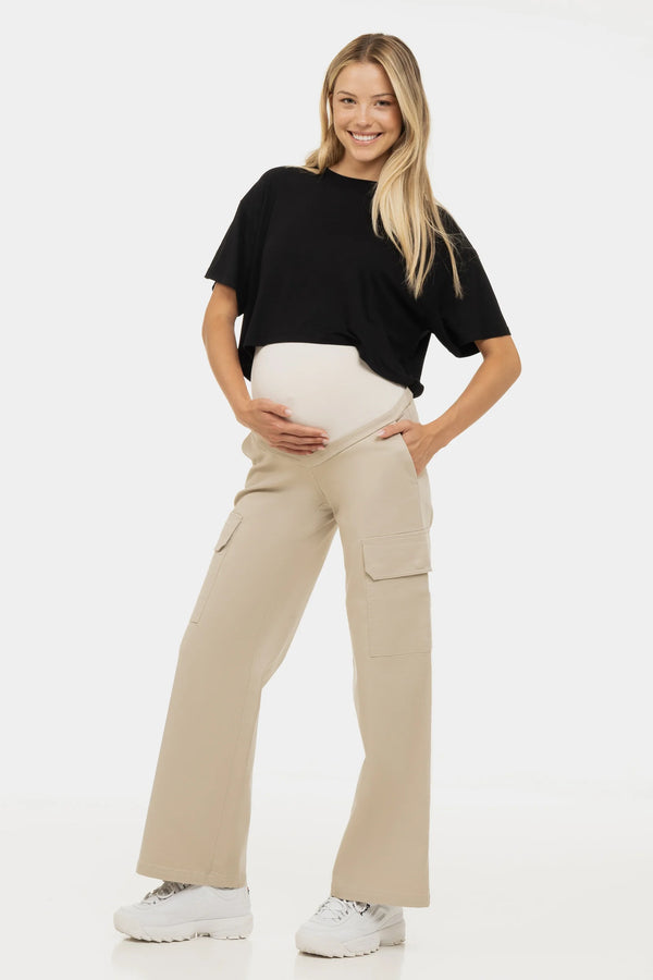 Памучен карго панталон за бременни - бежов