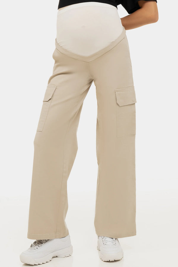 Памучен карго панталон за бременни - бежов