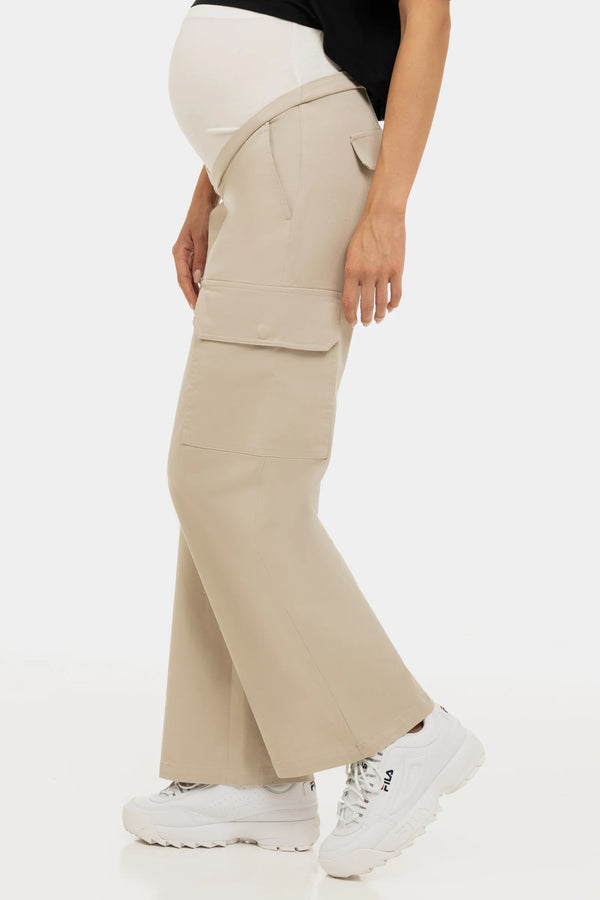 Памучен карго панталон за бременни - бежов