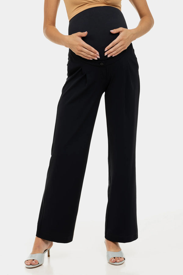 Разкроен еластичен панталон с плохи за бременни - тъмносин