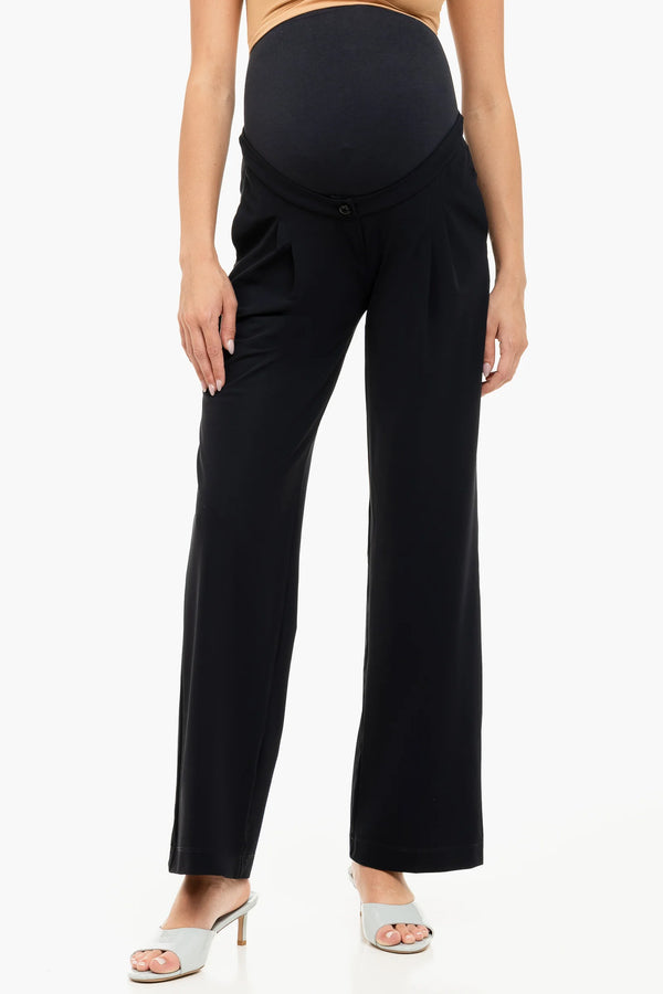 Разкроен еластичен панталон с плохи за бременни - тъмносин