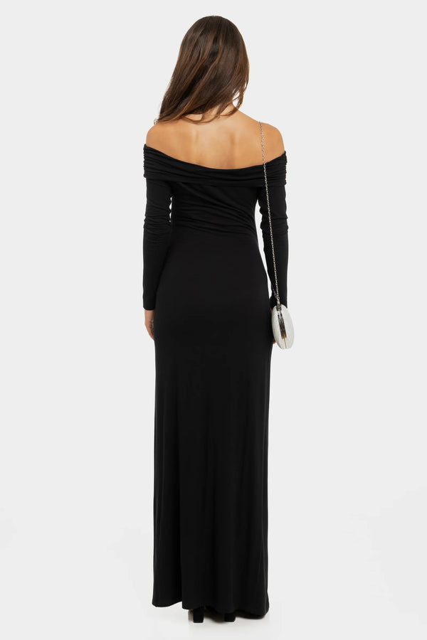 Дълга елегантна рокля с паднали рамене - черна