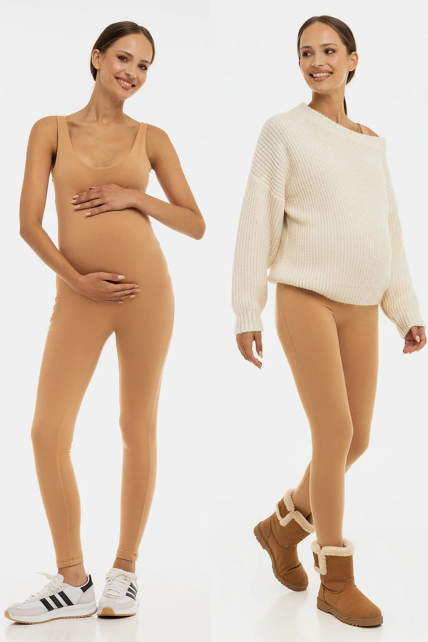 Памучен двоен гащеризон за бременни - бежов