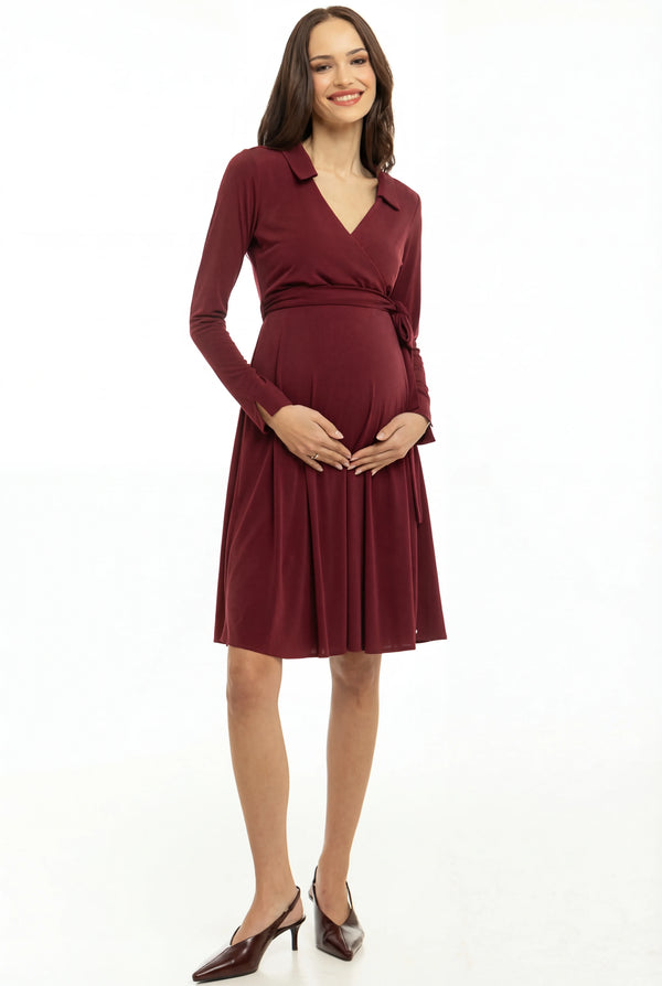 Ефирна рокля за бременни и кърмачки с прехвърляне - бордо